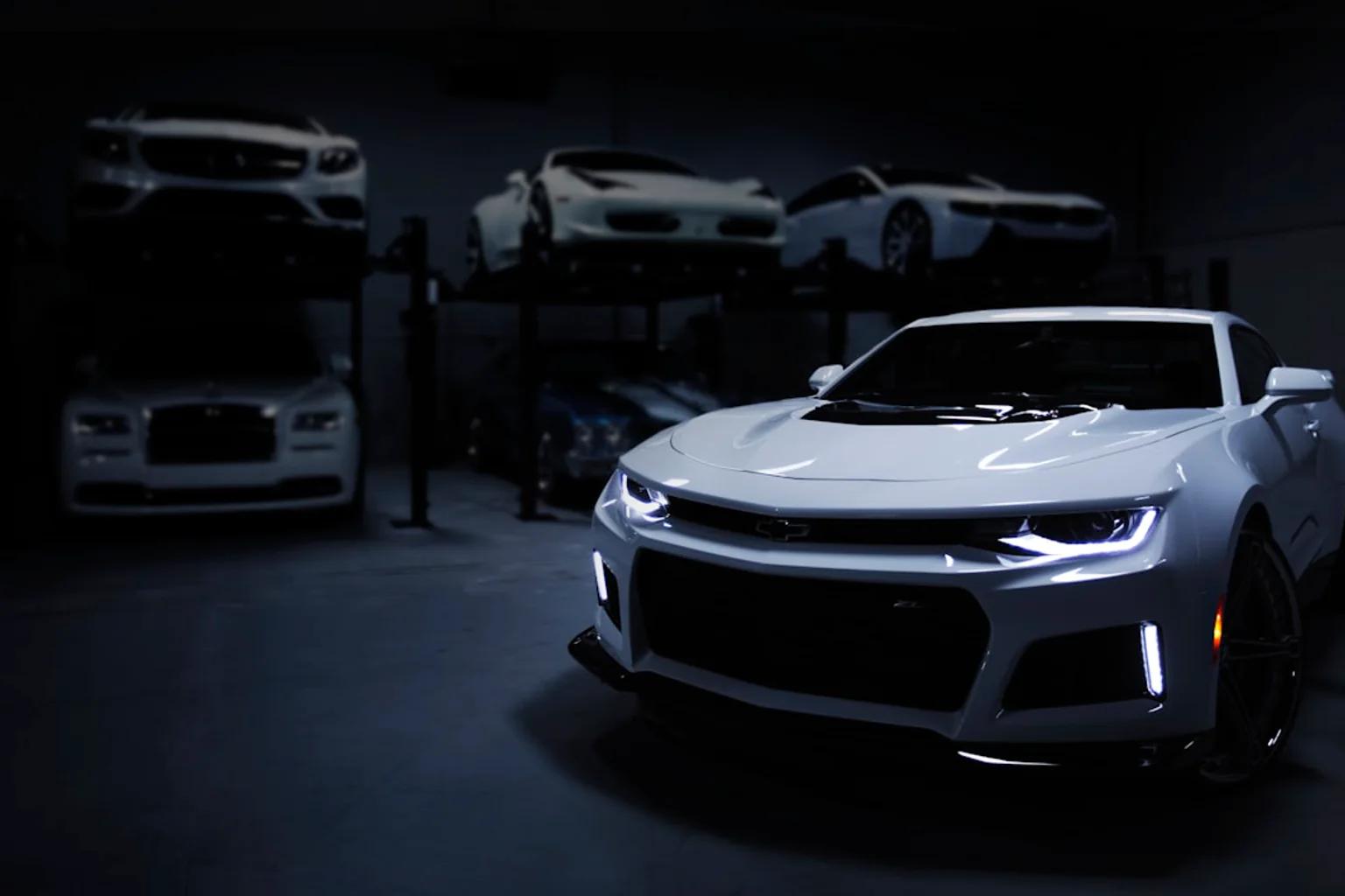 Finished performance car displayed in an automotive showroom