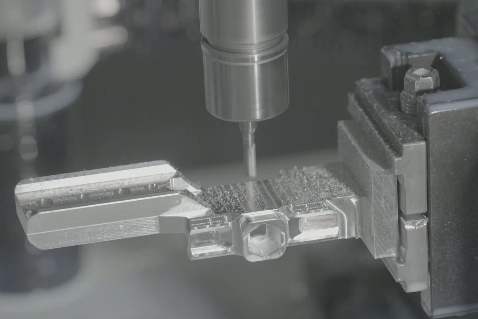 CNC milling tool cutting a small metal workpiece