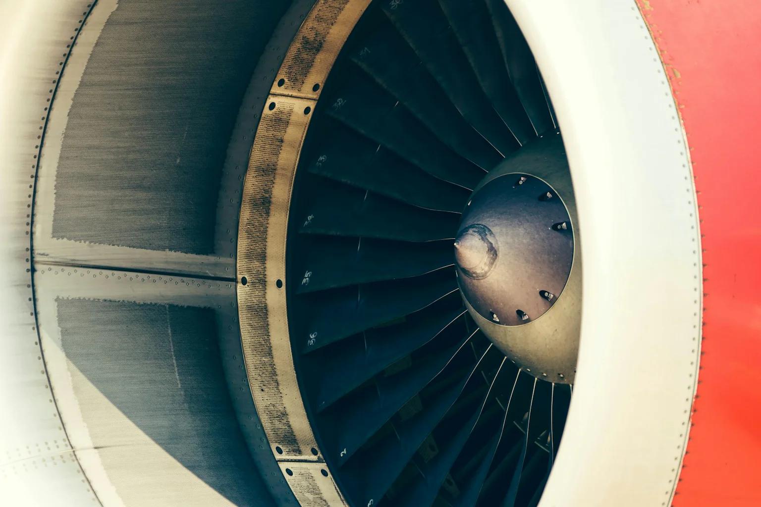 Close-up of an aircraft turbine fan and spinner