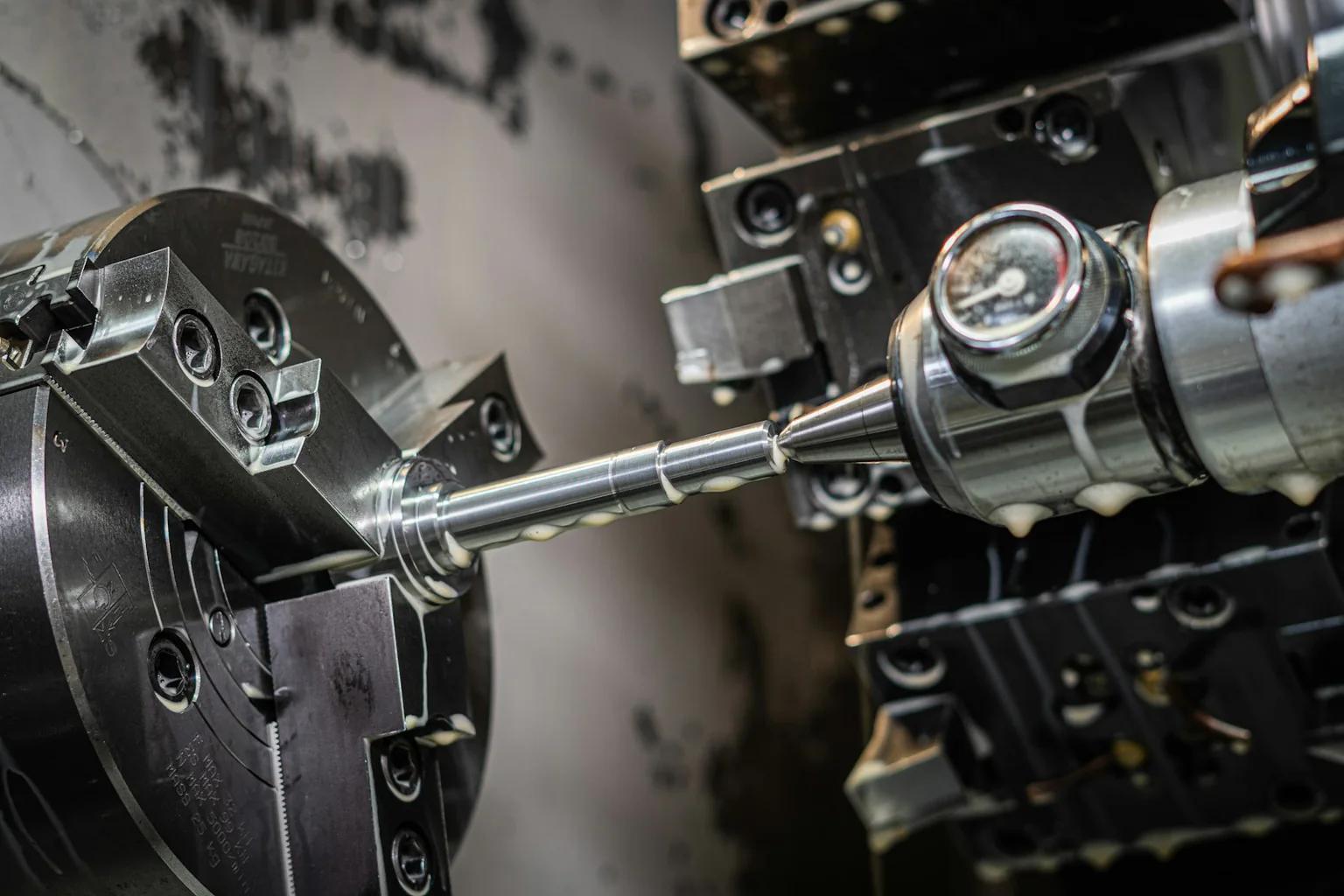 Cutting tool turning a cylindrical metal part on a CNC lathe