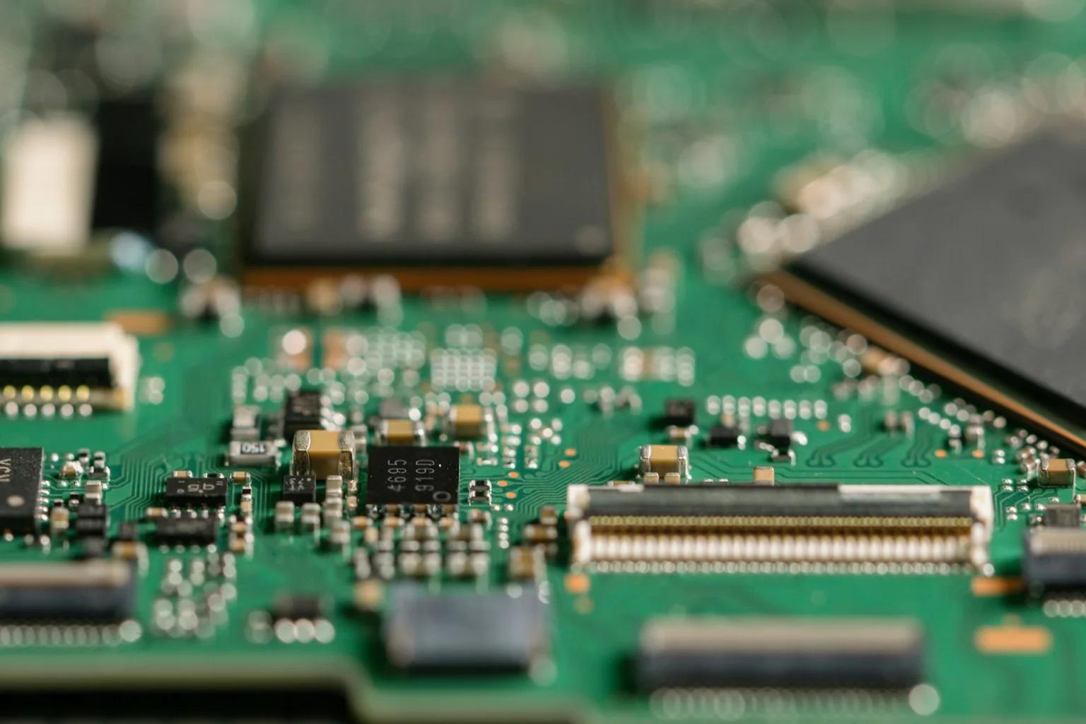 Close-up of a populated printed circuit board and integrated circuits